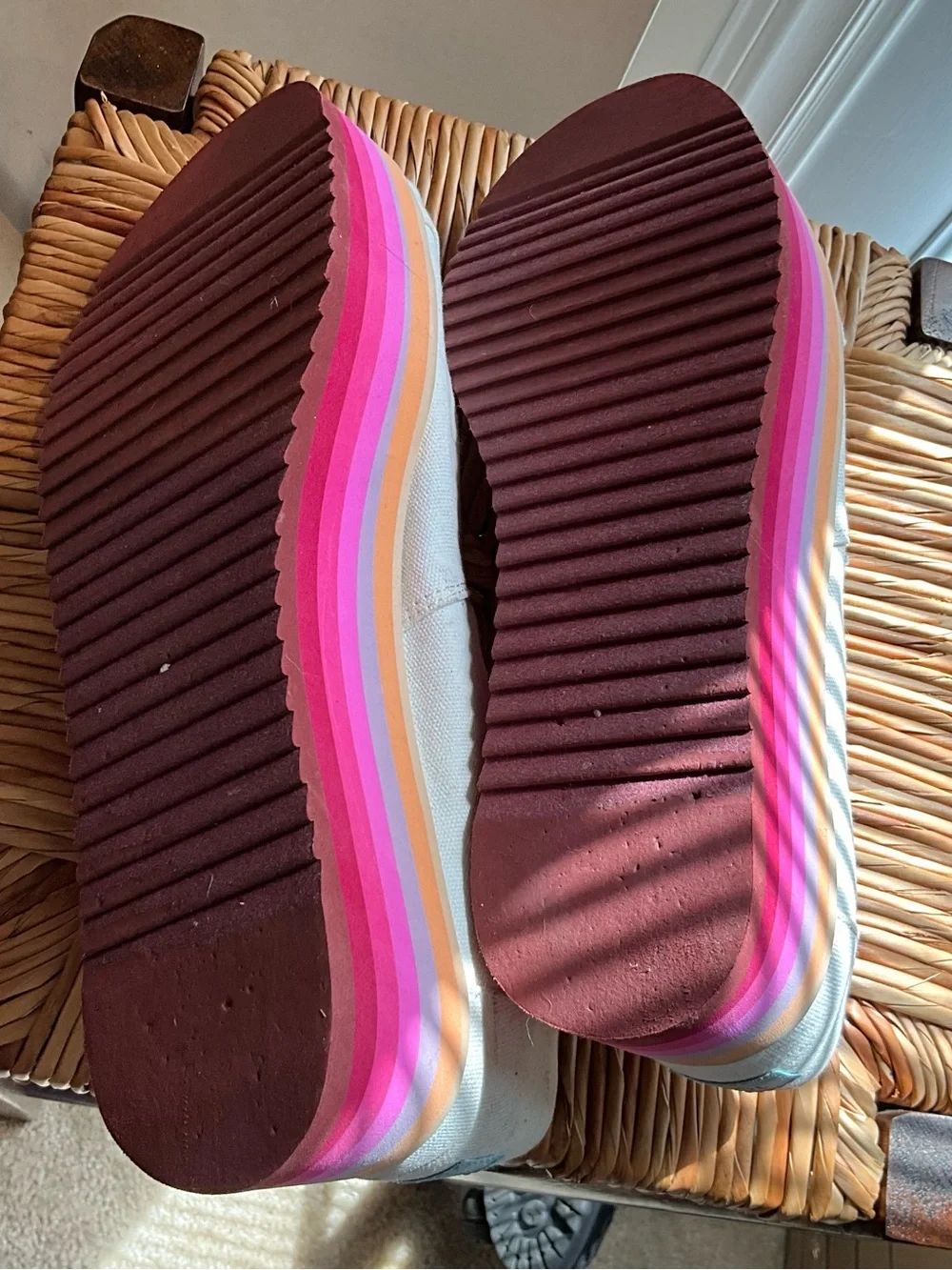 Women’s Toms Ivory Canvas Platform Slip-Ons with Rainbow Layered Sole size 12